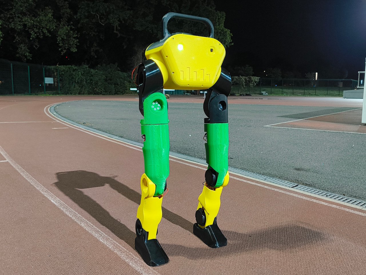 Lacksap standing on a running track at night